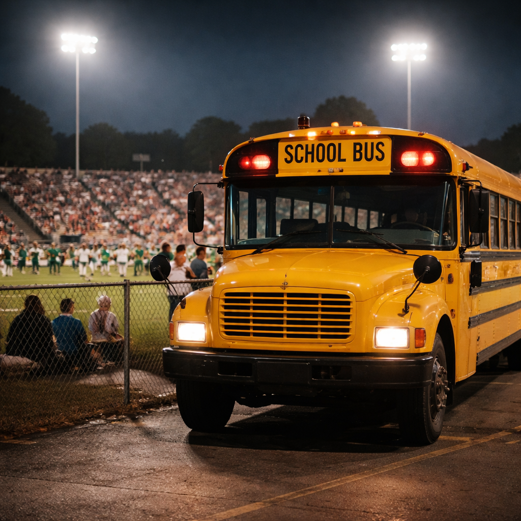 School bus parked at a football stadium